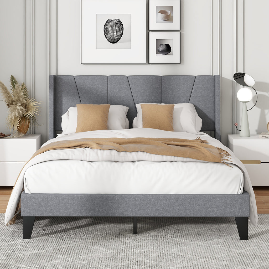 Kylin Bed Frame with Wingback Headboard and Wood Slat Support-Queen Size