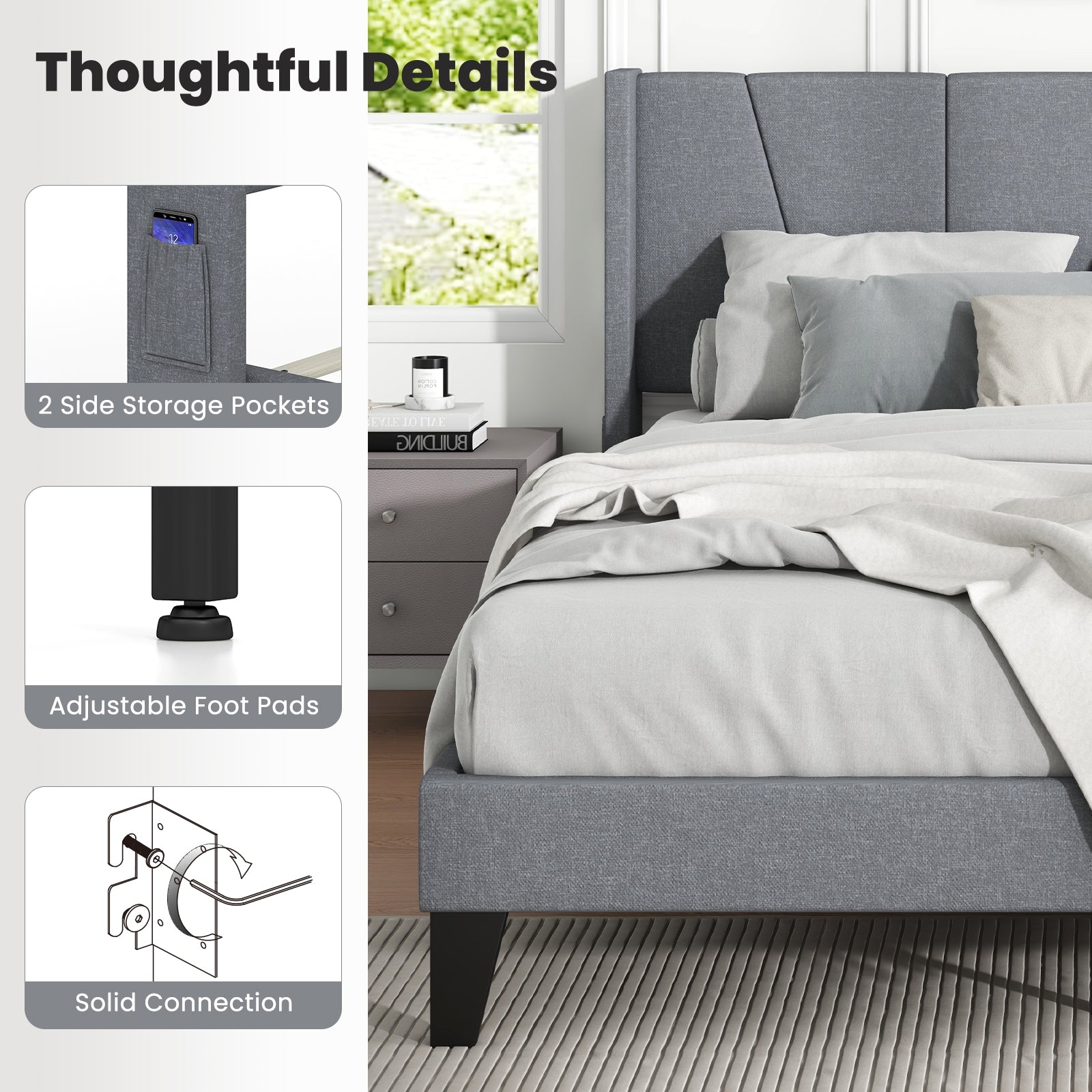 Kylin Bed Frame with Wingback Headboard and Wood Slat Support-Queen Size