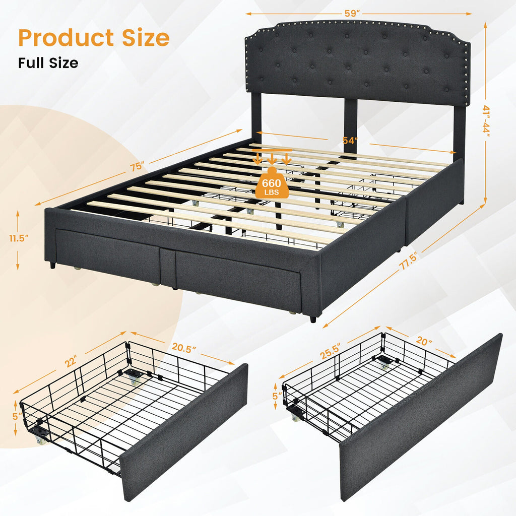 Richmond Modern Upholstered Platform Bed Frame with Adjustable Headboard & 4 Storage Drawers–Queen Size