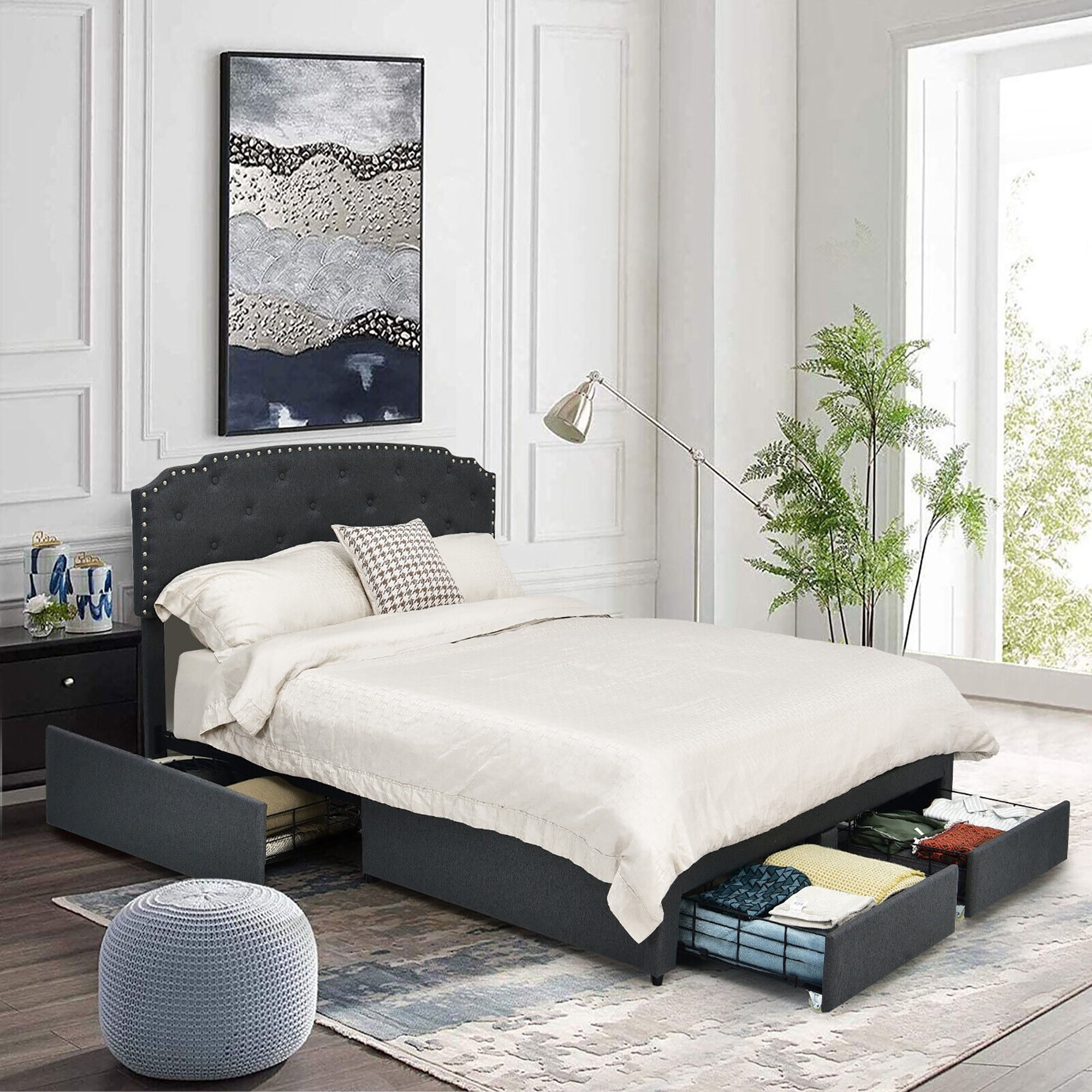 Richmond Modern Upholstered Platform Bed Frame with Adjustable Headboard & 4 Storage Drawers–Queen Size