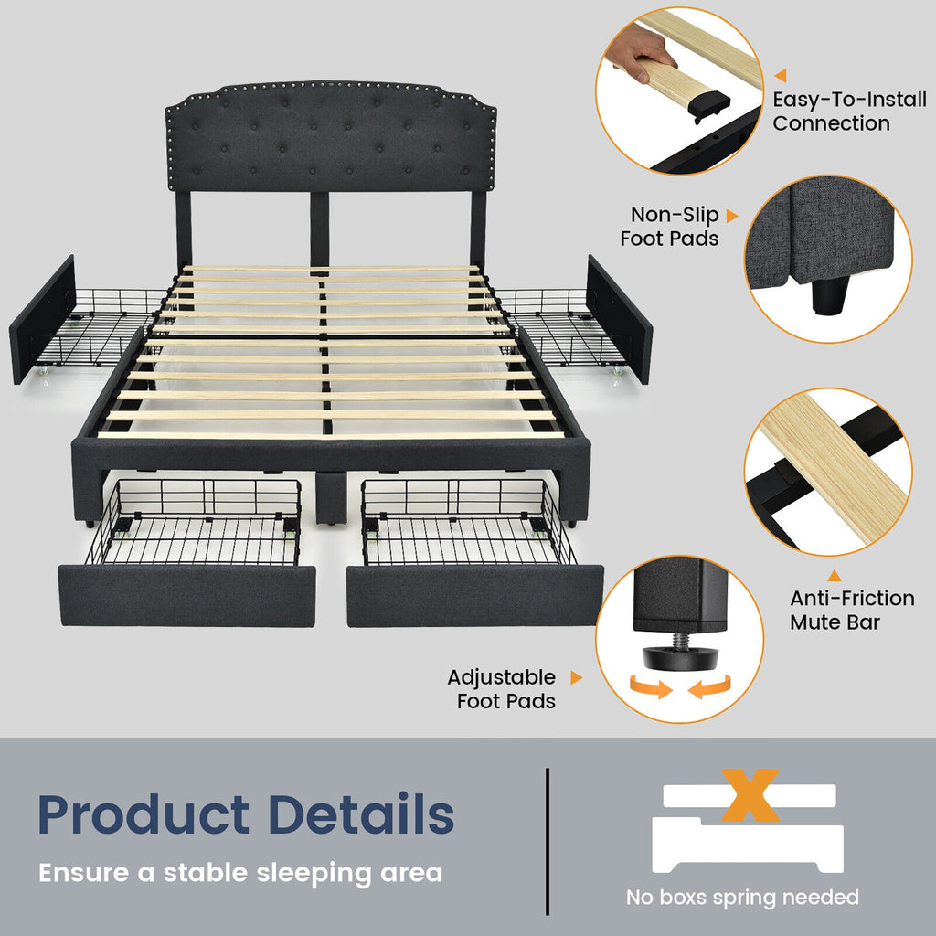 Richmond Modern Upholstered Platform Bed Frame with Adjustable Headboard & 4 Storage Drawers–Full Size
