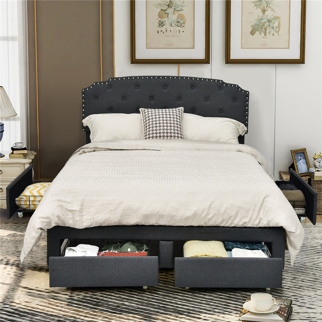 Richmond Modern Upholstered Platform Bed Frame with Adjustable Headboard & 4 Storage Drawers–Full Size
