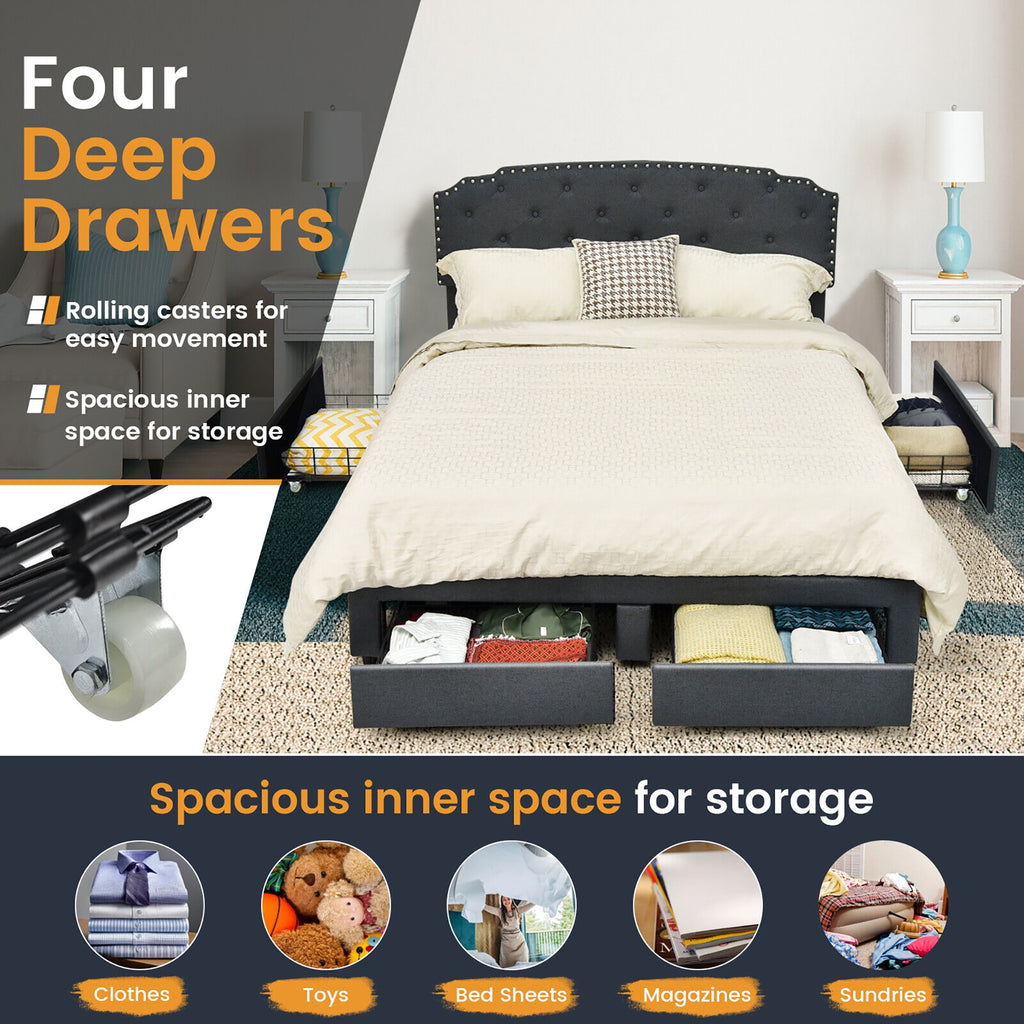 Richmond Modern Upholstered Platform Bed Frame with Adjustable Headboard & 4 Storage Drawers–Full Size