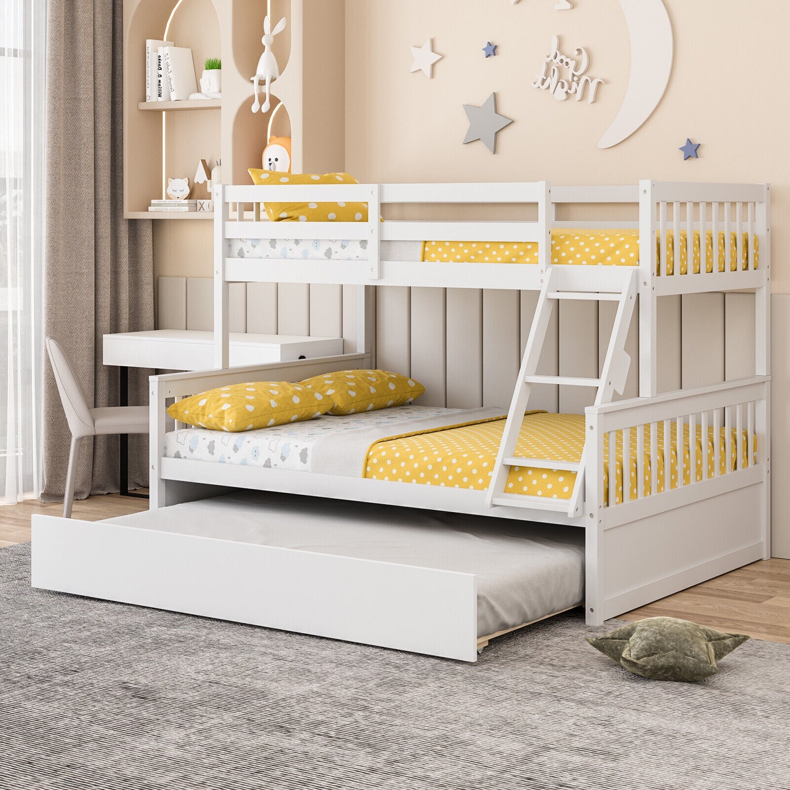 Devin Twin-Over-Full Convertible Bunk Bed with Twin Trundle-White