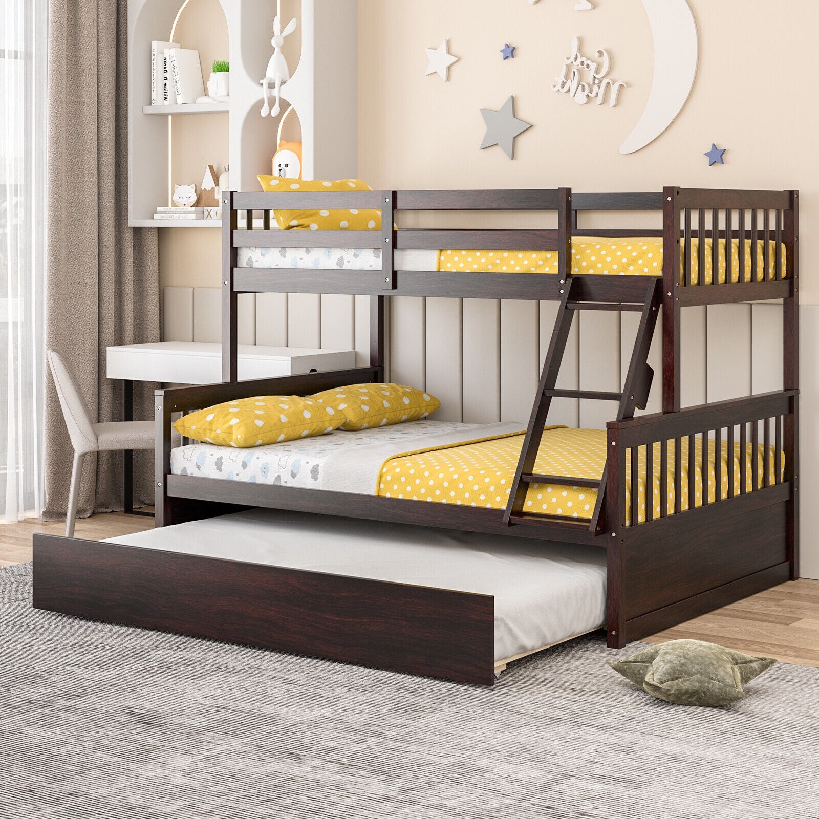 Devin Twin-Over-Full Convertible Bunk Bed with Twin Trundle-Espresso