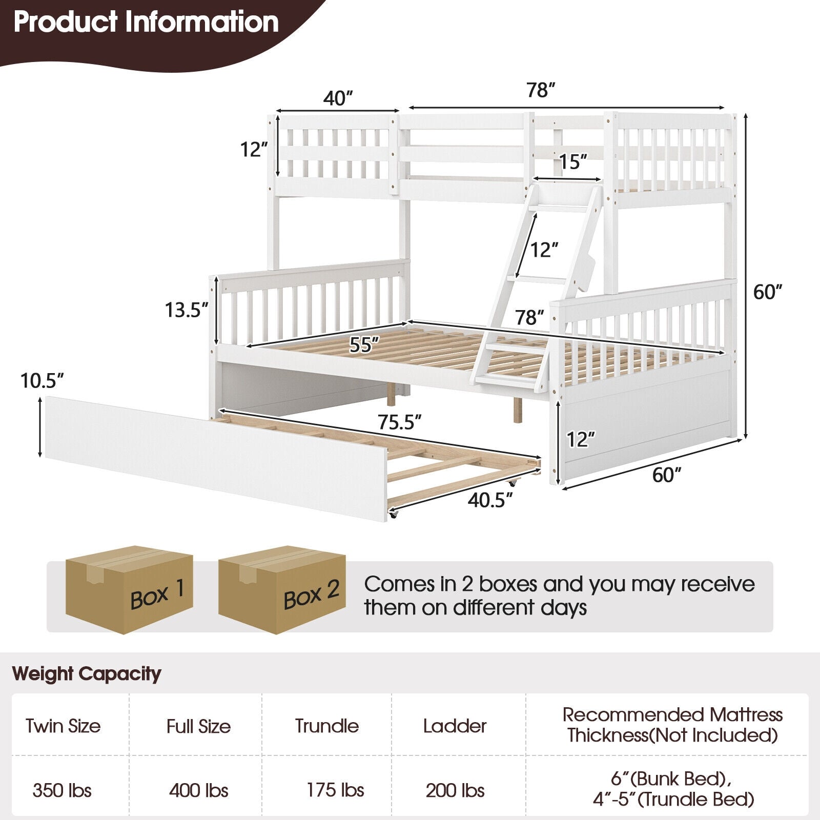 Devin Twin-Over-Full Convertible Bunk Bed with Twin Trundle-White