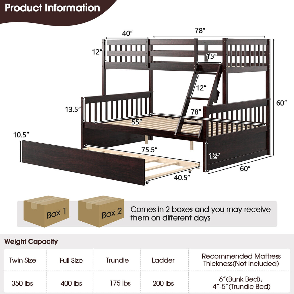 Devin Twin-Over-Full Convertible Bunk Bed with Twin Trundle-Espresso