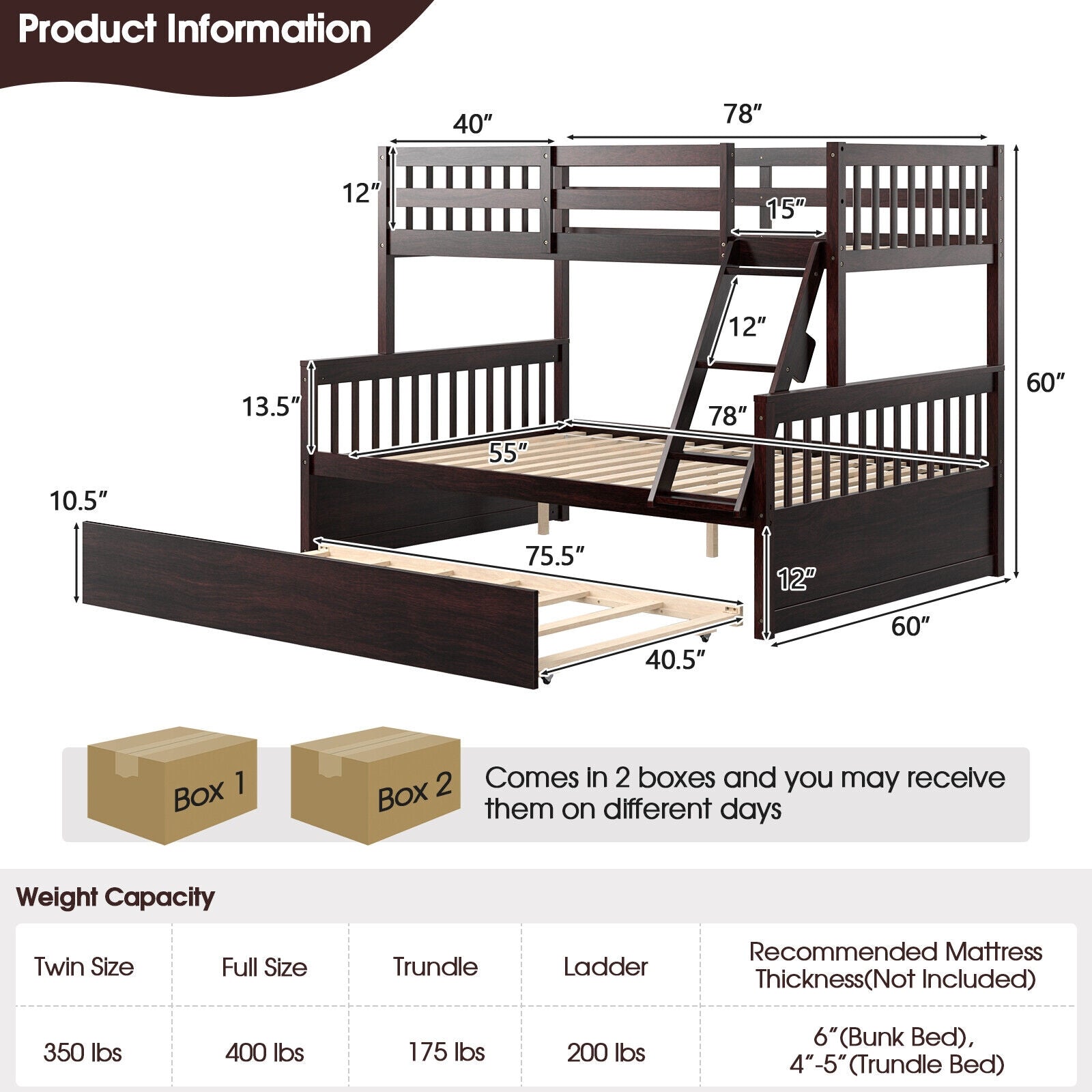 Devin Twin-Over-Full Convertible Bunk Bed with Twin Trundle-Espresso