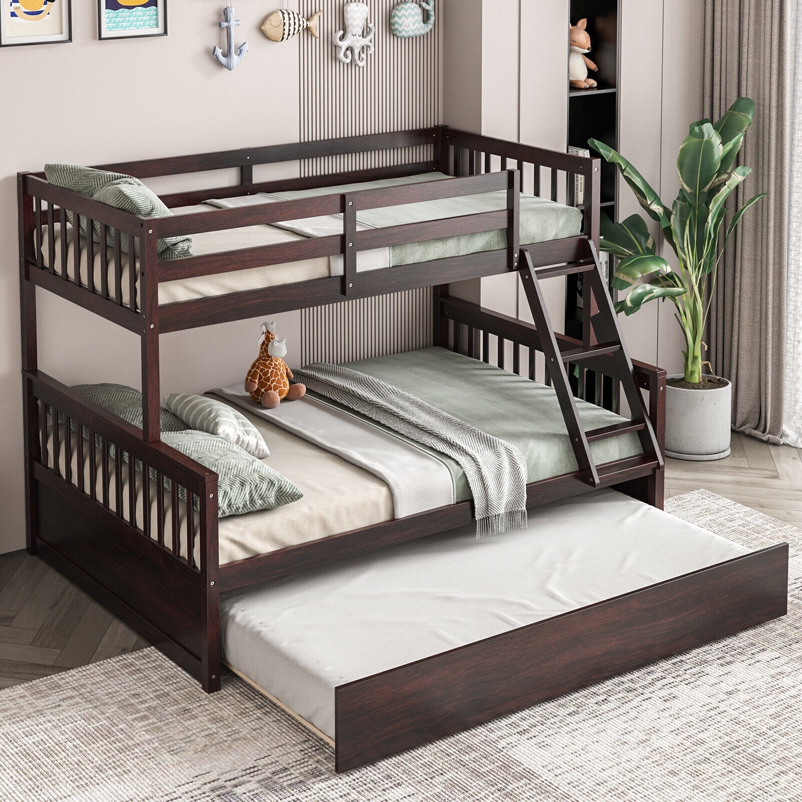 Devin Twin-Over-Full Convertible Bunk Bed with Twin Trundle-Espresso