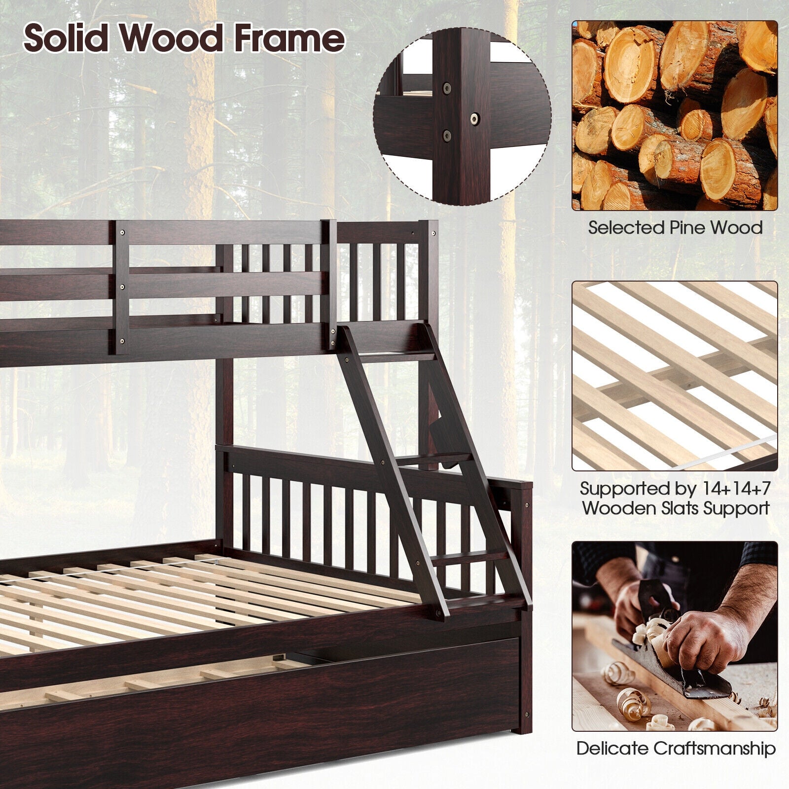 Devin Twin-Over-Full Convertible Bunk Bed with Twin Trundle-Espresso