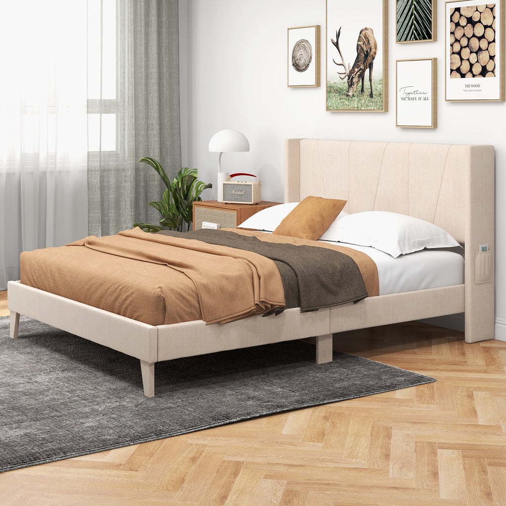 Nova Upholstered Bed Frame with Geometric Wingback Headboard-Queen Size(Beige)