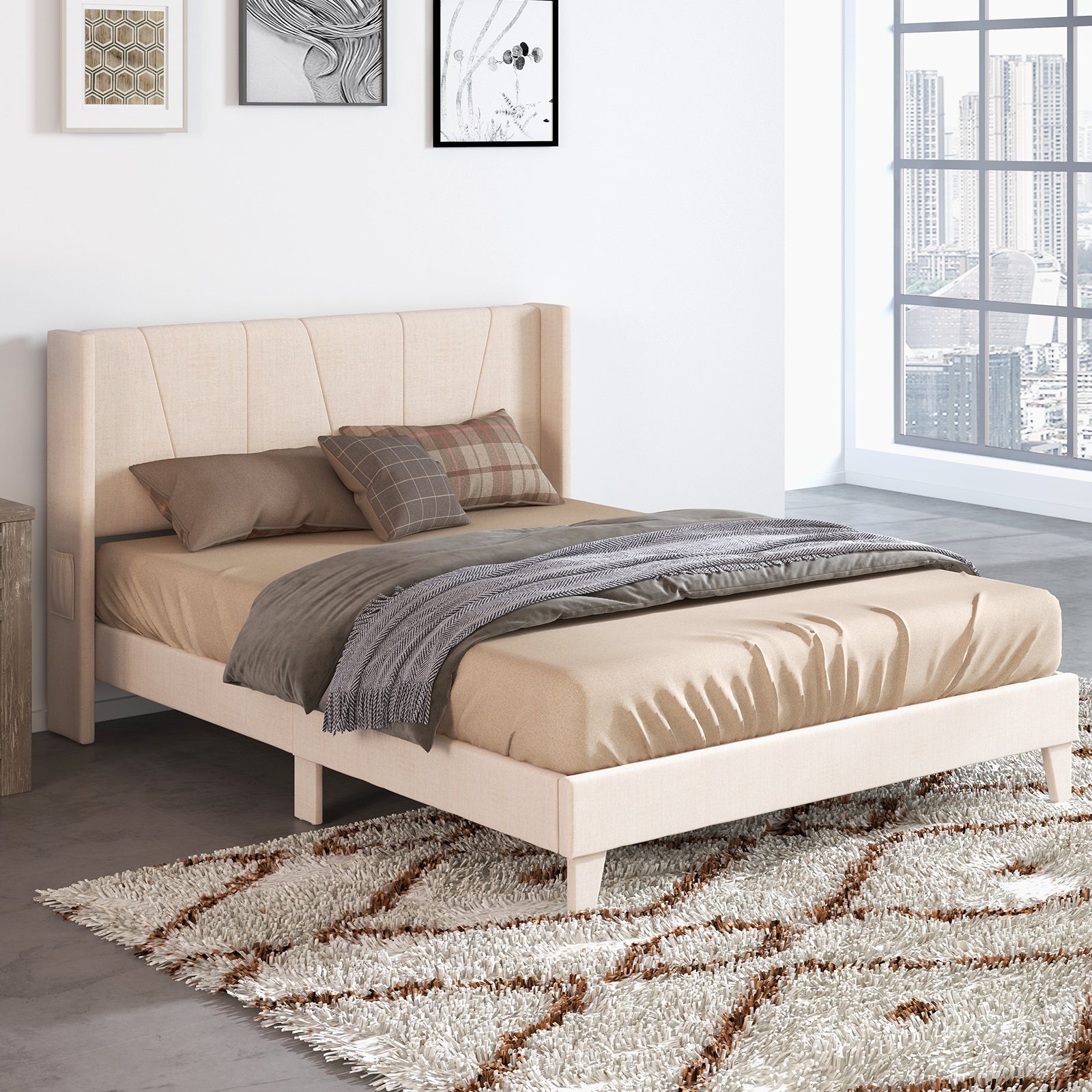 Nova Upholstered Bed Frame with Geometric Wingback Headboard-Queen Size(Beige)