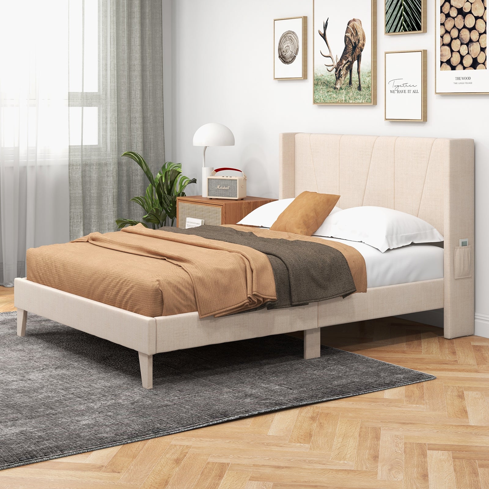 Nova Upholstered Bed Frame with Geometric Wingback Headboard-Full Size(Beige)