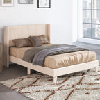 Nova Upholstered Bed Frame with Geometric Wingback Headboard-Full Size(Beige)