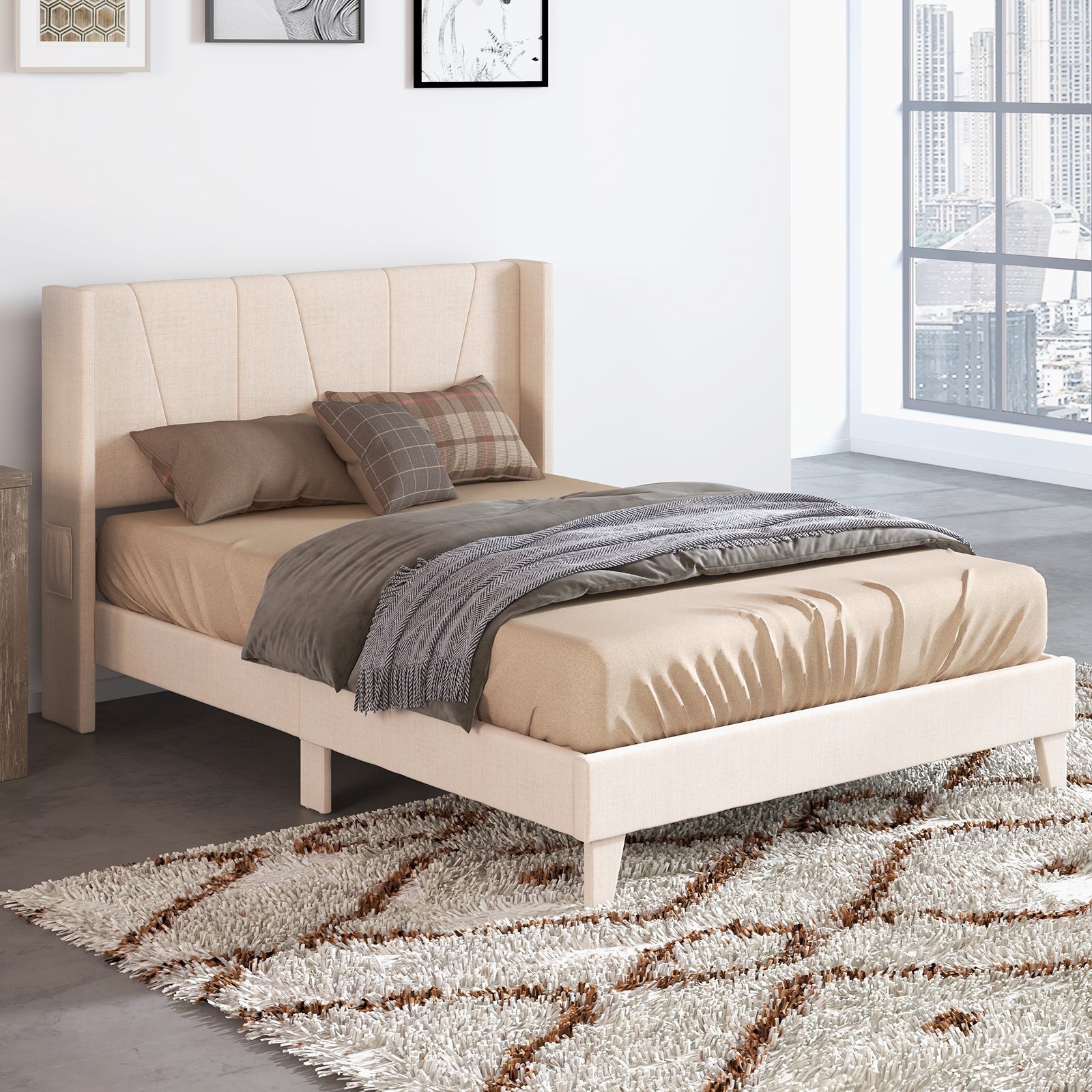 Nova Upholstered Bed Frame with Geometric Wingback Headboard-Full Size(Beige)