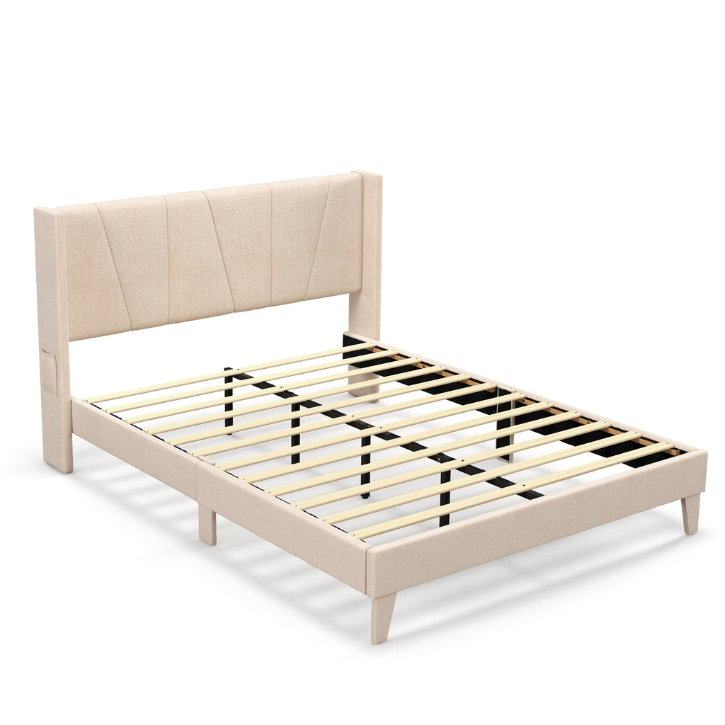 Nova Upholstered Bed Frame with Geometric Wingback Headboard-Queen Size(Beige)