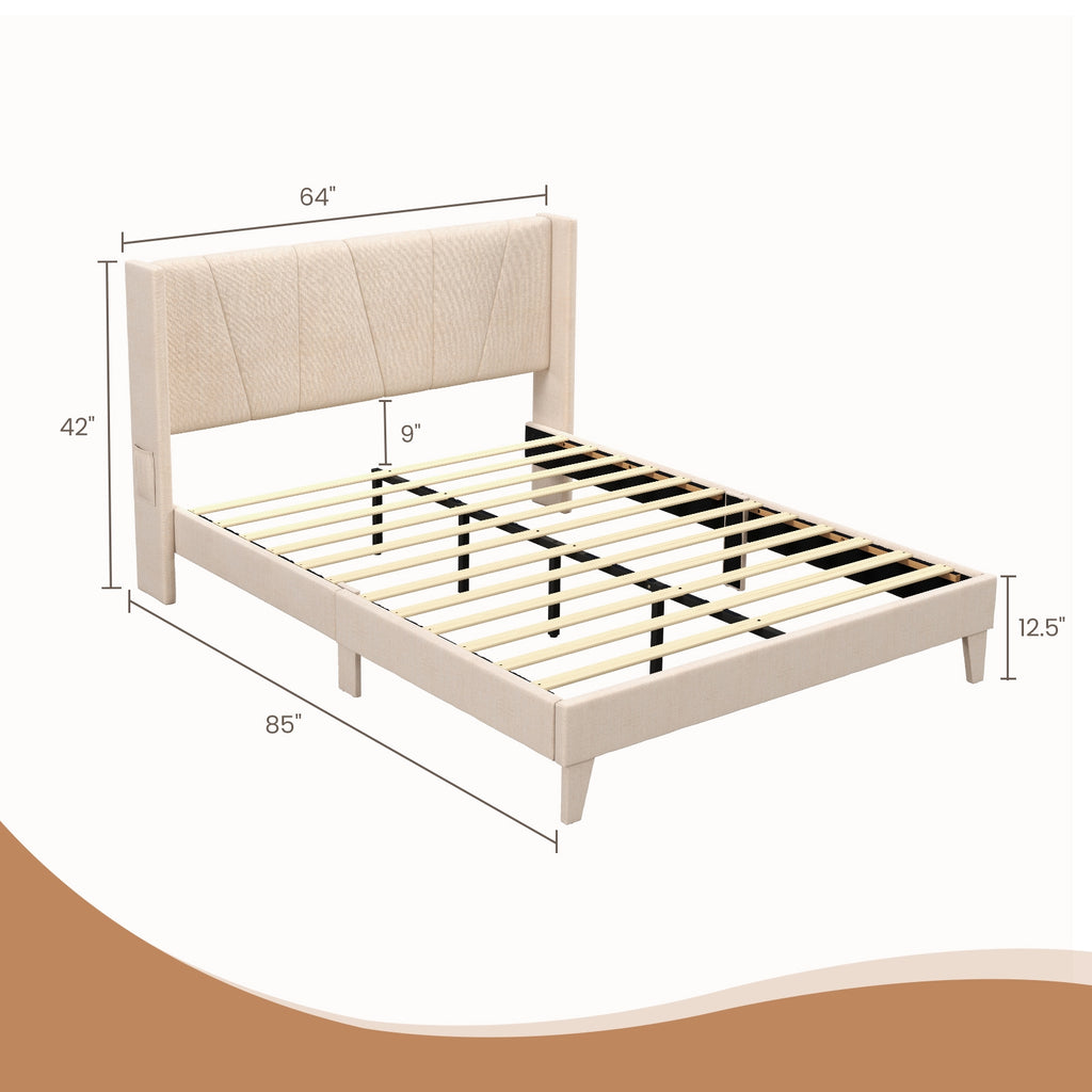Nova Upholstered Bed Frame with Geometric Wingback Headboard-Queen Size(Beige)