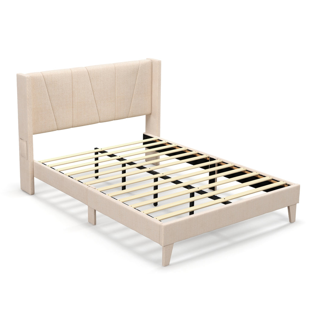 Nova Upholstered Bed Frame with Geometric Wingback Headboard-Full Size(Beige)