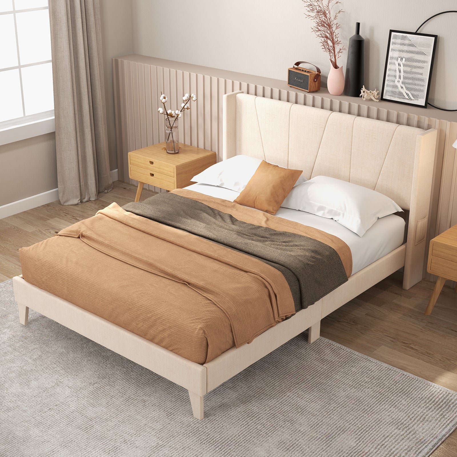 Nova Upholstered Bed Frame with Geometric Wingback Headboard-Queen Size(Beige)