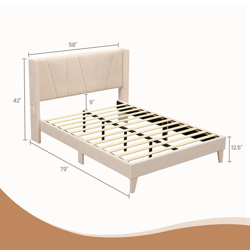 Nova Upholstered Bed Frame with Geometric Wingback Headboard-Full Size(Beige)