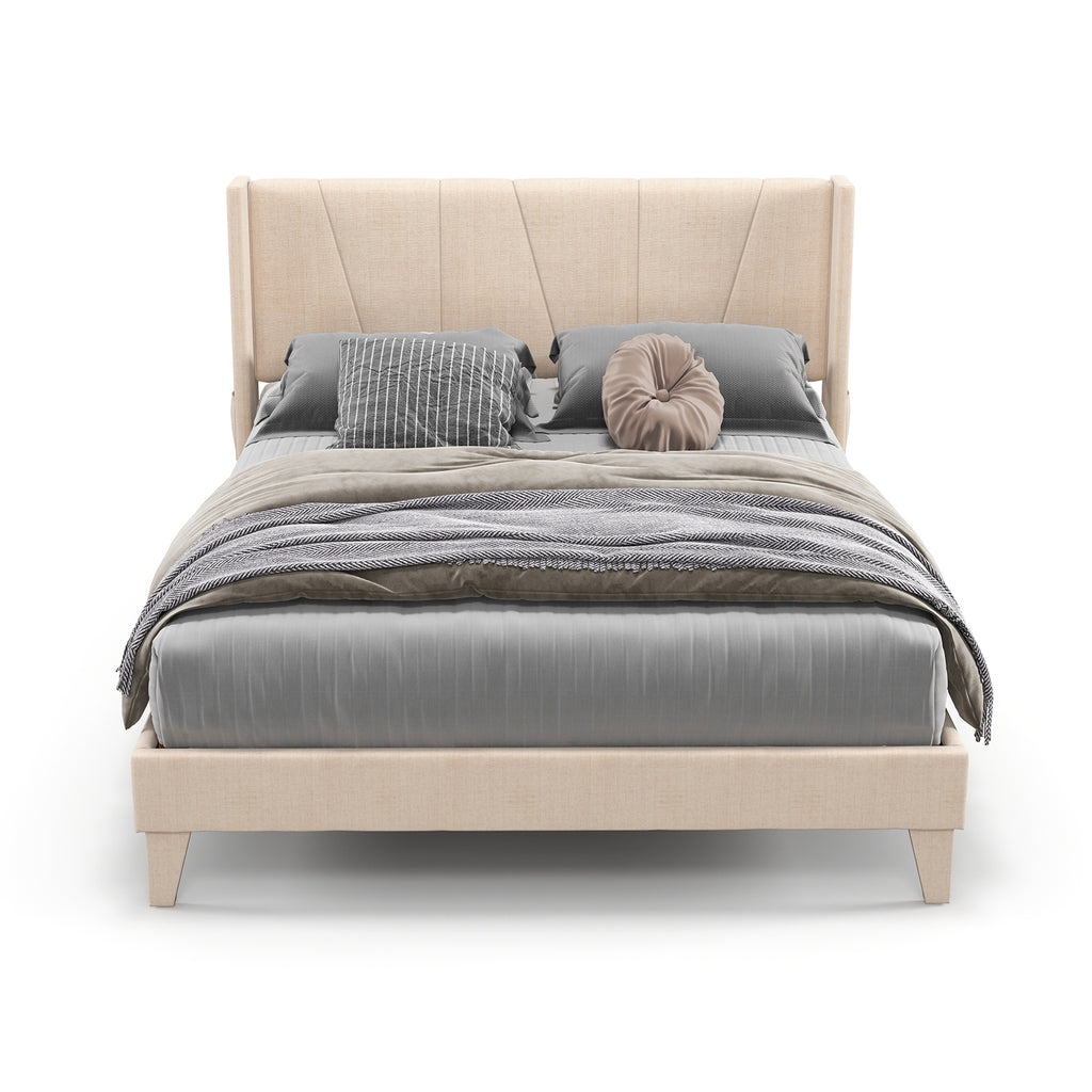 Nova Upholstered Bed Frame with Geometric Wingback Headboard-Queen Size(Beige)