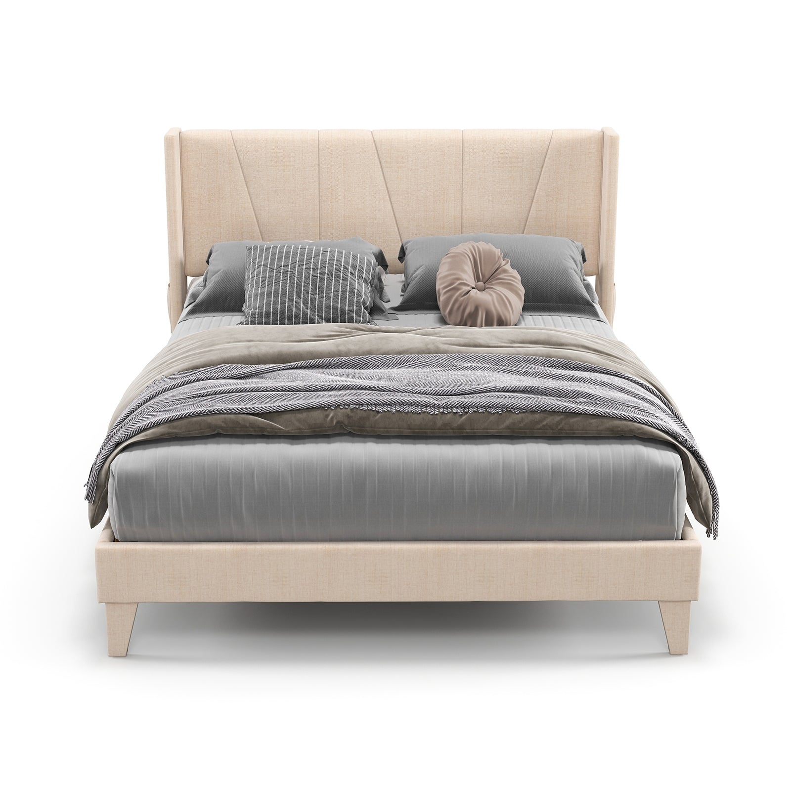 Nova Upholstered Bed Frame with Geometric Wingback Headboard-Queen Size(Beige)