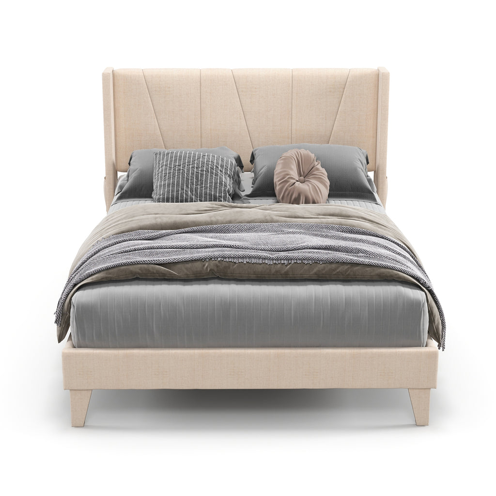 Nova Upholstered Bed Frame with Geometric Wingback Headboard-Full Size(Beige)
