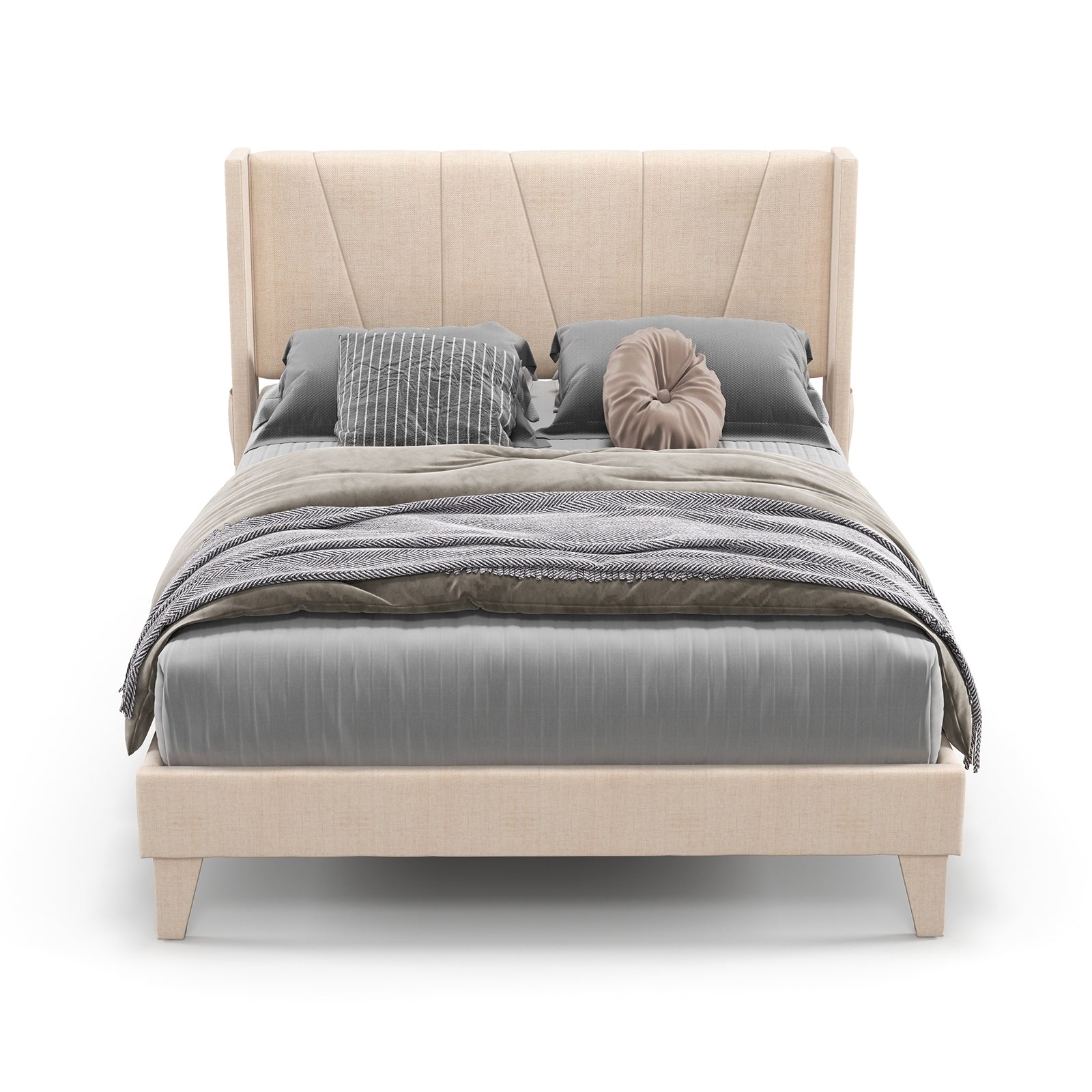 Nova Upholstered Bed Frame with Geometric Wingback Headboard-Full Size(Beige)