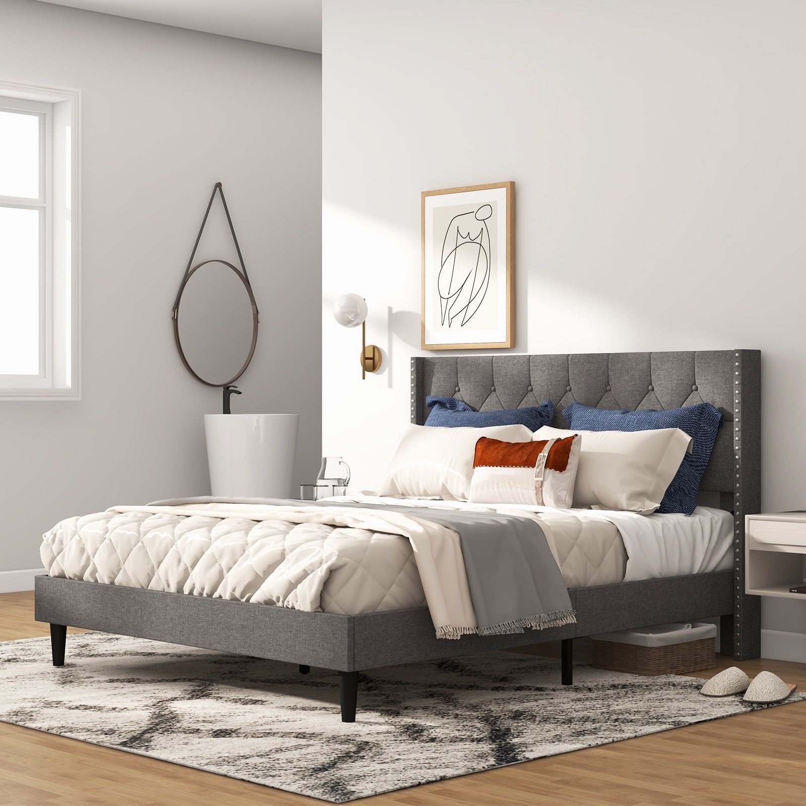 Marlow Upholstered Platform Bed with Button Tufted Headboard–Queen Size