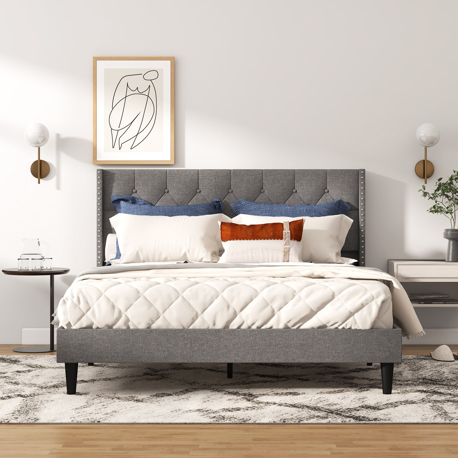 Marlow Upholstered Platform Bed with Button Tufted Headboard–Queen Size