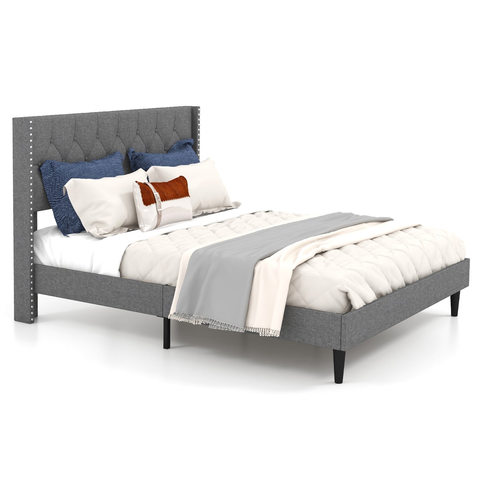 Marlow Upholstered Platform Bed with Button Tufted Headboard–Queen Size