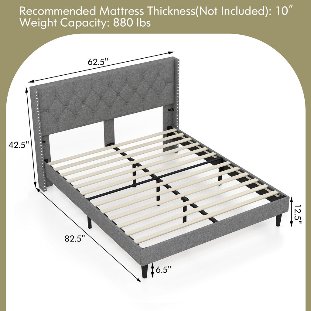 Marlow Upholstered Platform Bed with Button Tufted Headboard–Queen Size