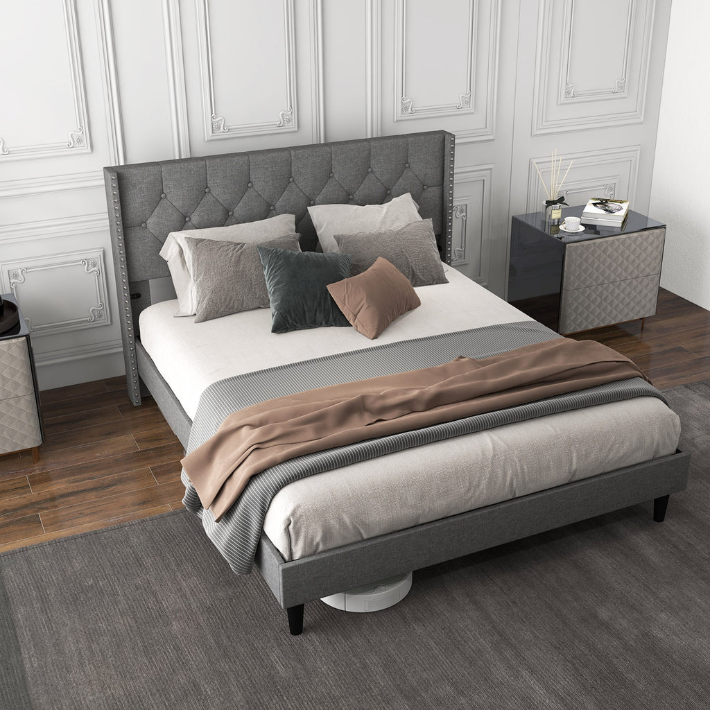 Marlow Upholstered Platform Bed with Button Tufted Headboard–Queen Size