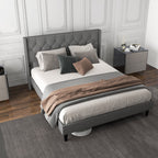 Marlow Upholstered Platform Bed with Button Tufted Headboard–Queen Size