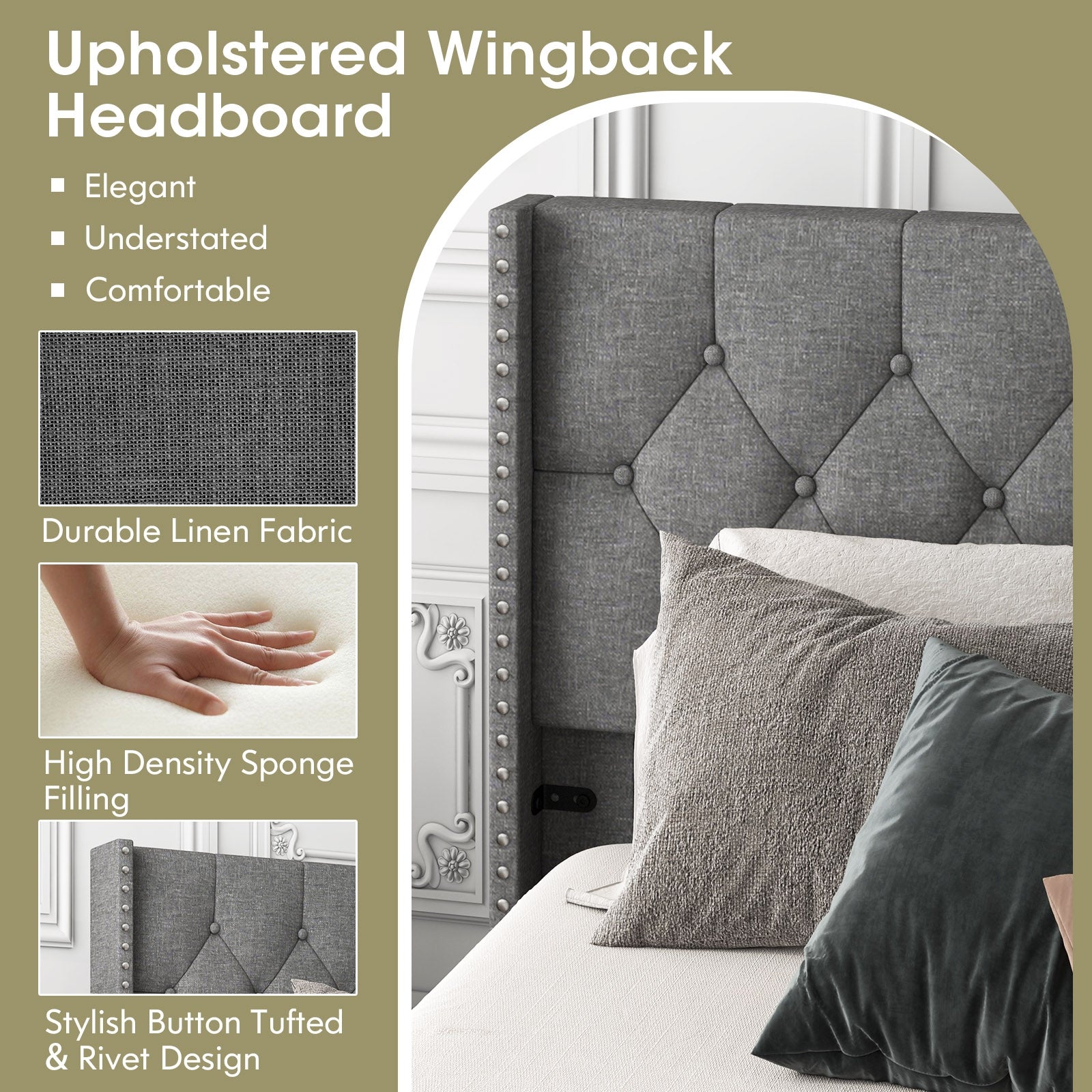 Marlow Upholstered Platform Bed with Button Tufted Headboard–Queen Size