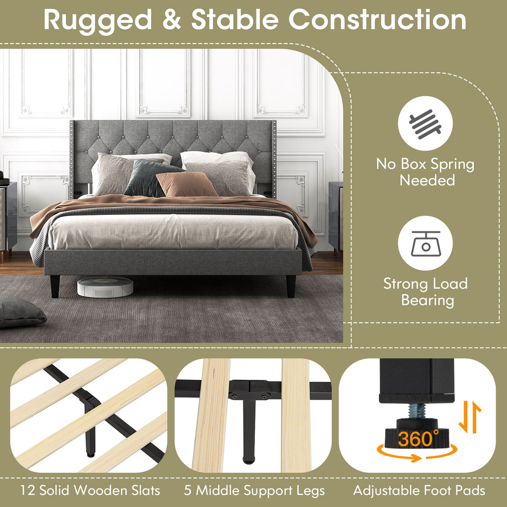 Marlow Upholstered Platform Bed with Button Tufted Headboard–Queen Size