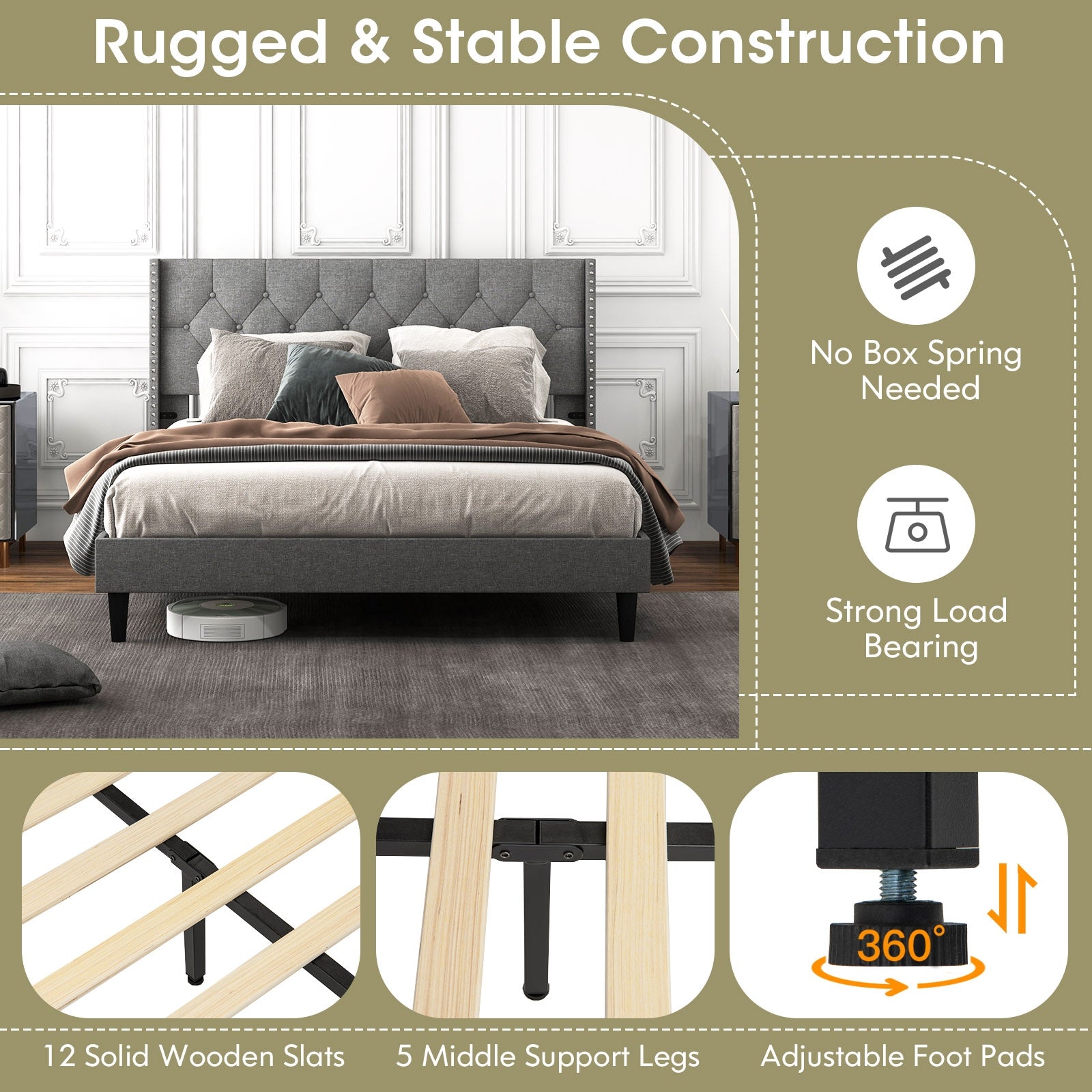 Marlow Upholstered Platform Bed with Button Tufted Headboard–Queen Size
