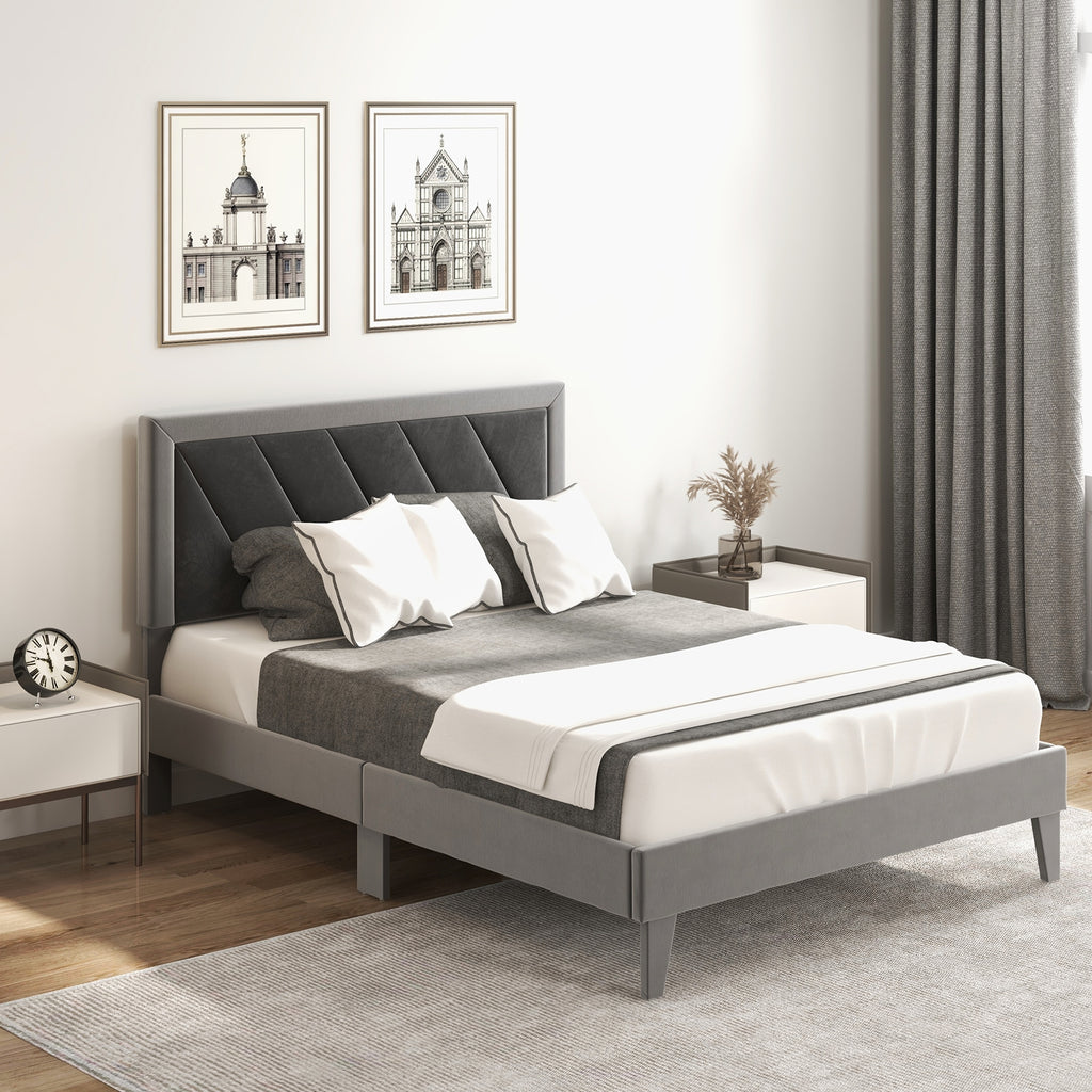 Dorian Velvet Platform Bed with High Headboard & Wooden Slats–Full Size