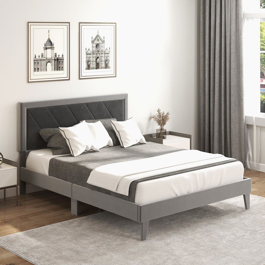 Dorian Velvet Platform Bed with High Headboard & Wooden Slats–Queen Size
