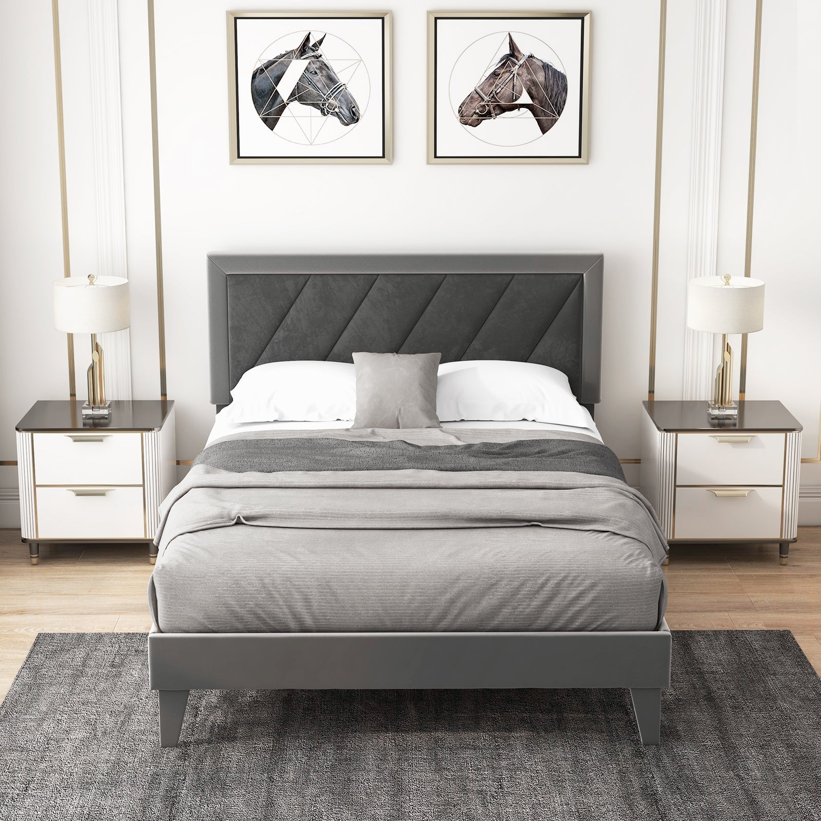Dorian Velvet Platform Bed with High Headboard & Wooden Slats–Full Size
