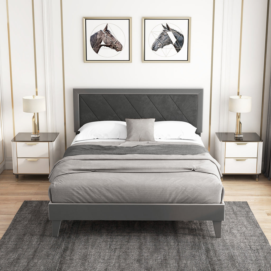 Dorian Velvet Platform Bed with High Headboard & Wooden Slats–Queen Size