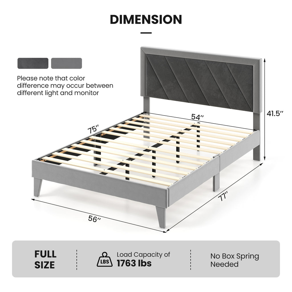 Dorian Velvet Platform Bed with High Headboard & Wooden Slats–Full Size