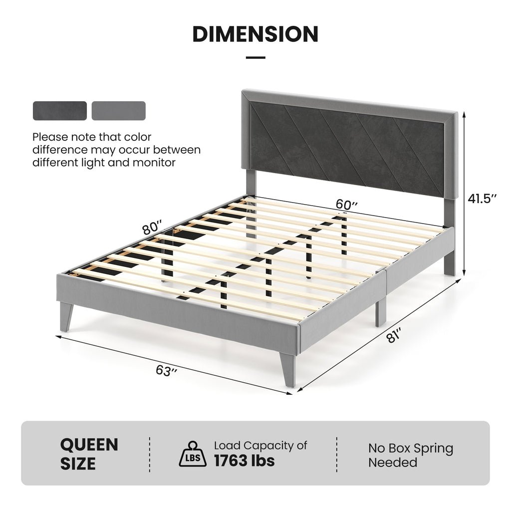 Dorian Velvet Platform Bed with High Headboard & Wooden Slats–Queen Size