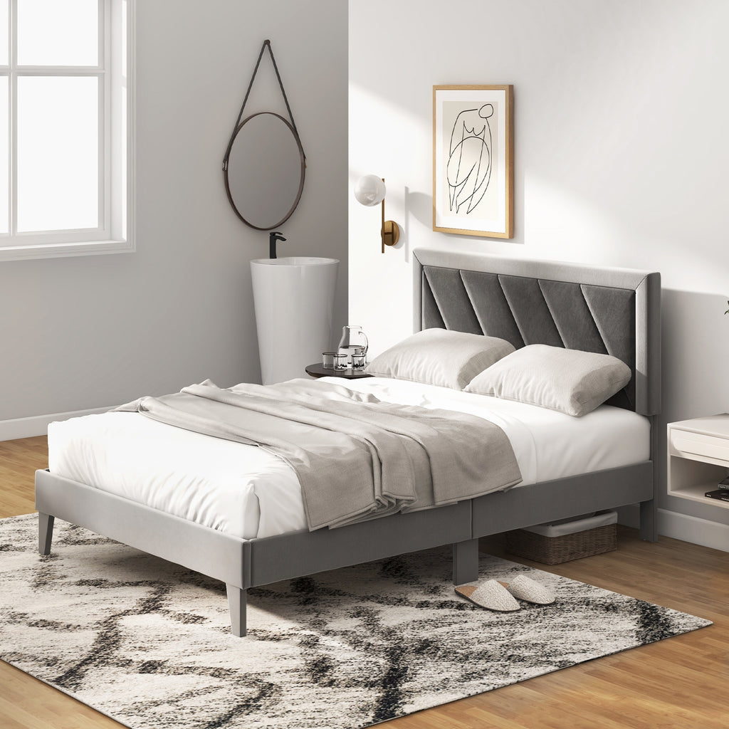 Dorian Velvet Platform Bed with High Headboard & Wooden Slats–Full Size
