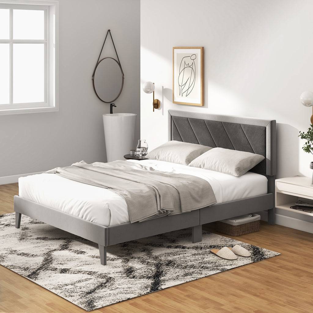 Dorian Velvet Platform Bed with High Headboard & Wooden Slats–Queen Size