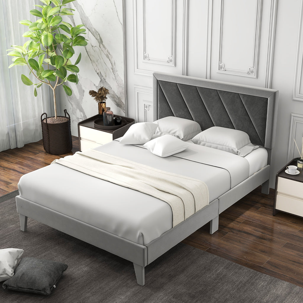Dorian Velvet Platform Bed with High Headboard & Wooden Slats–Full Size