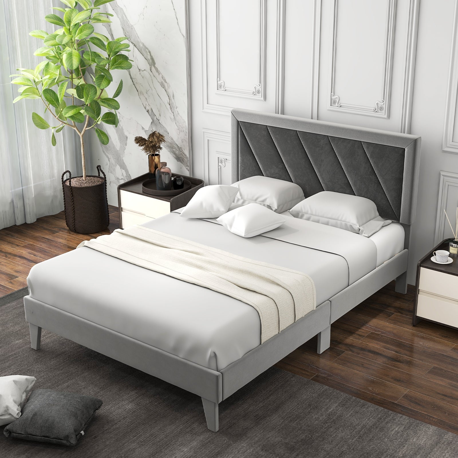 Dorian Velvet Platform Bed with High Headboard & Wooden Slats–Full Size