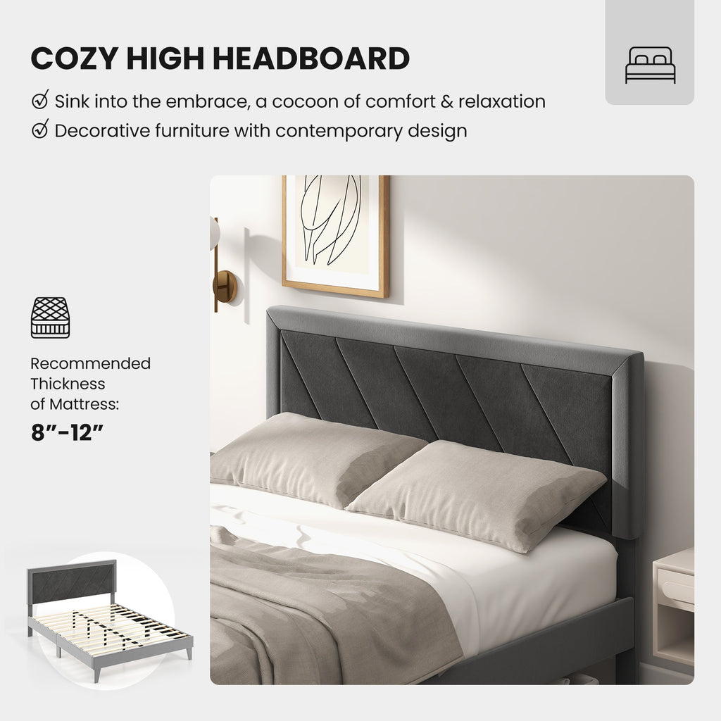 Dorian Velvet Platform Bed with High Headboard & Wooden Slats–Queen Size