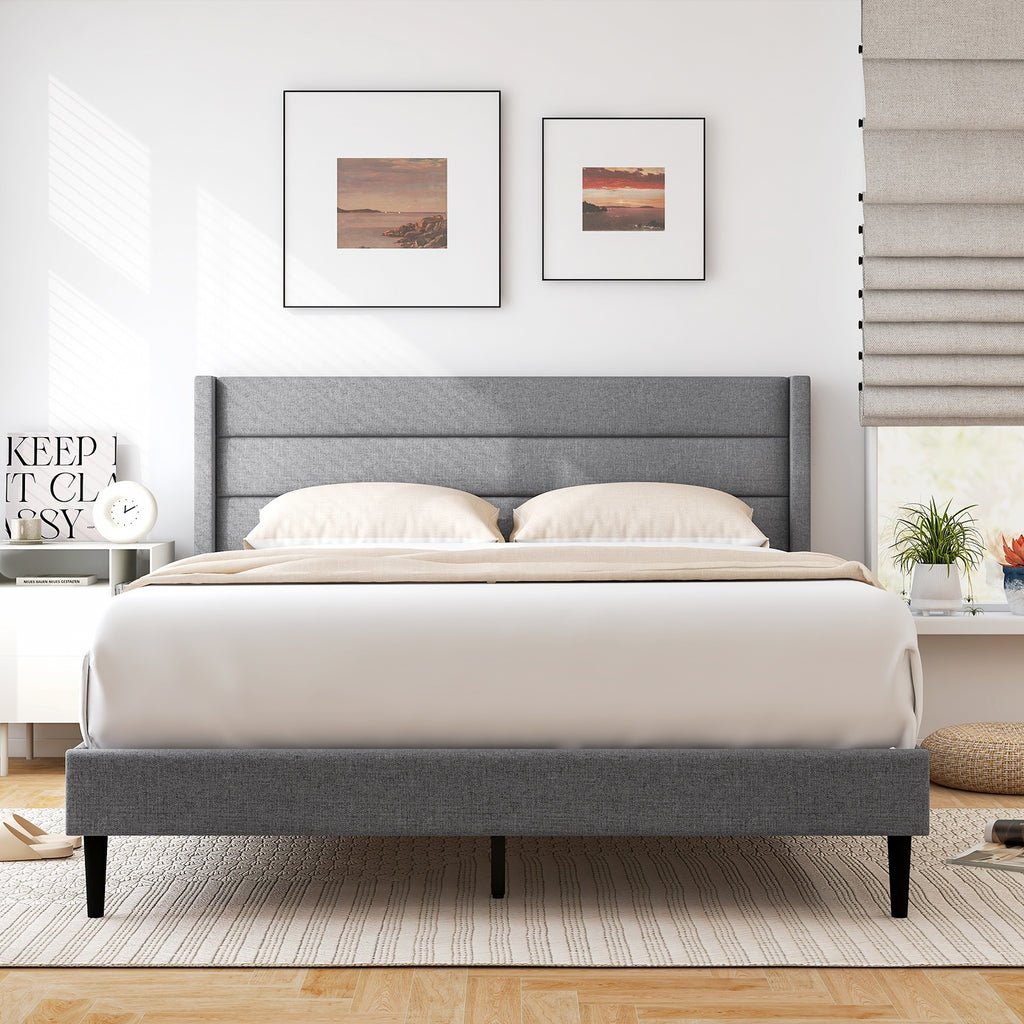Ellison Linen Upholstered Platform Bed Frame with Wingback Headboard-Queen Size