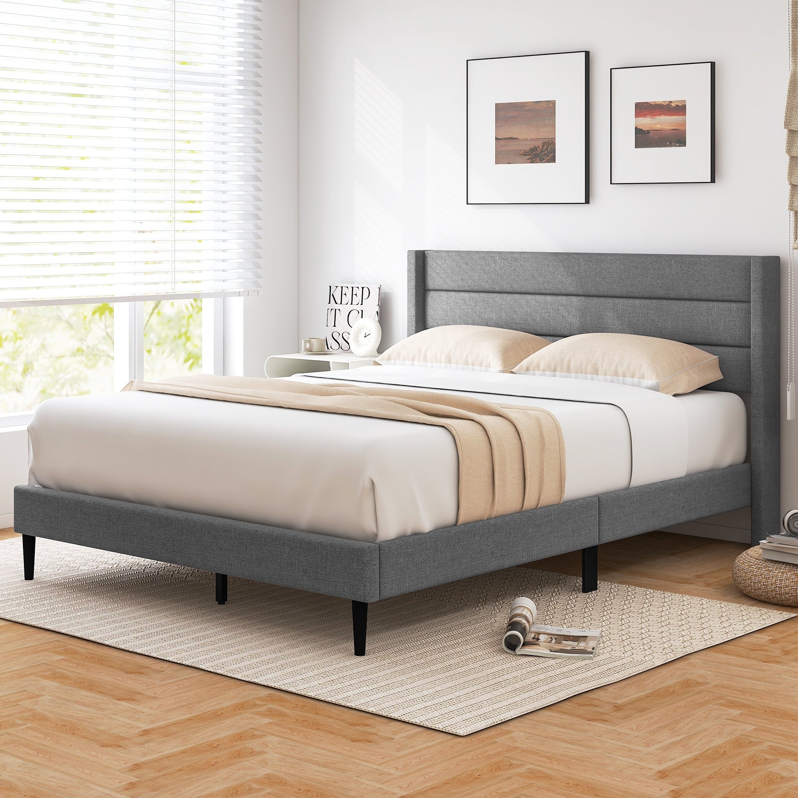 Ellison Linen Upholstered Platform Bed Frame with Wingback Headboard-Queen Size